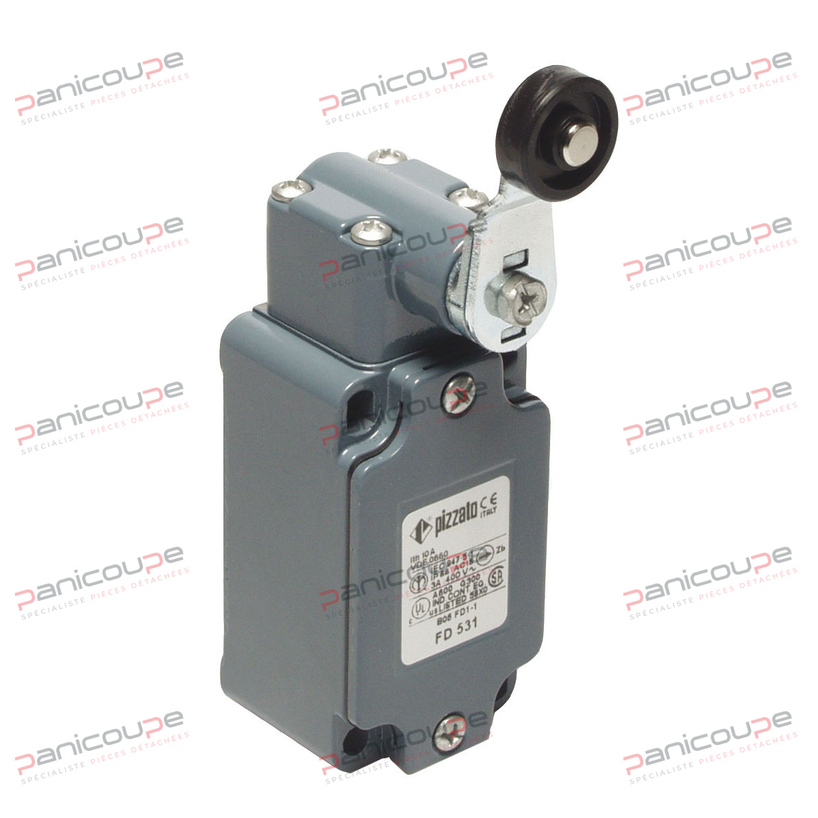 Metallgehäuse und -kopf mit einer Leitung. Kontakte: 1 Öffner + 1 Schließer (6 A/250 V AC). Schutzart IP67. Betriebstemperatur: -25 bis +80 °C. Kopf in 4 Richtungen drehbar. Gehäuseabmessungen: 40 x 74 mm. Montage: 4 Bohrungen, Lochabstand 30 x 60 mm. Harz-Rollenhebelmodell Produktbild