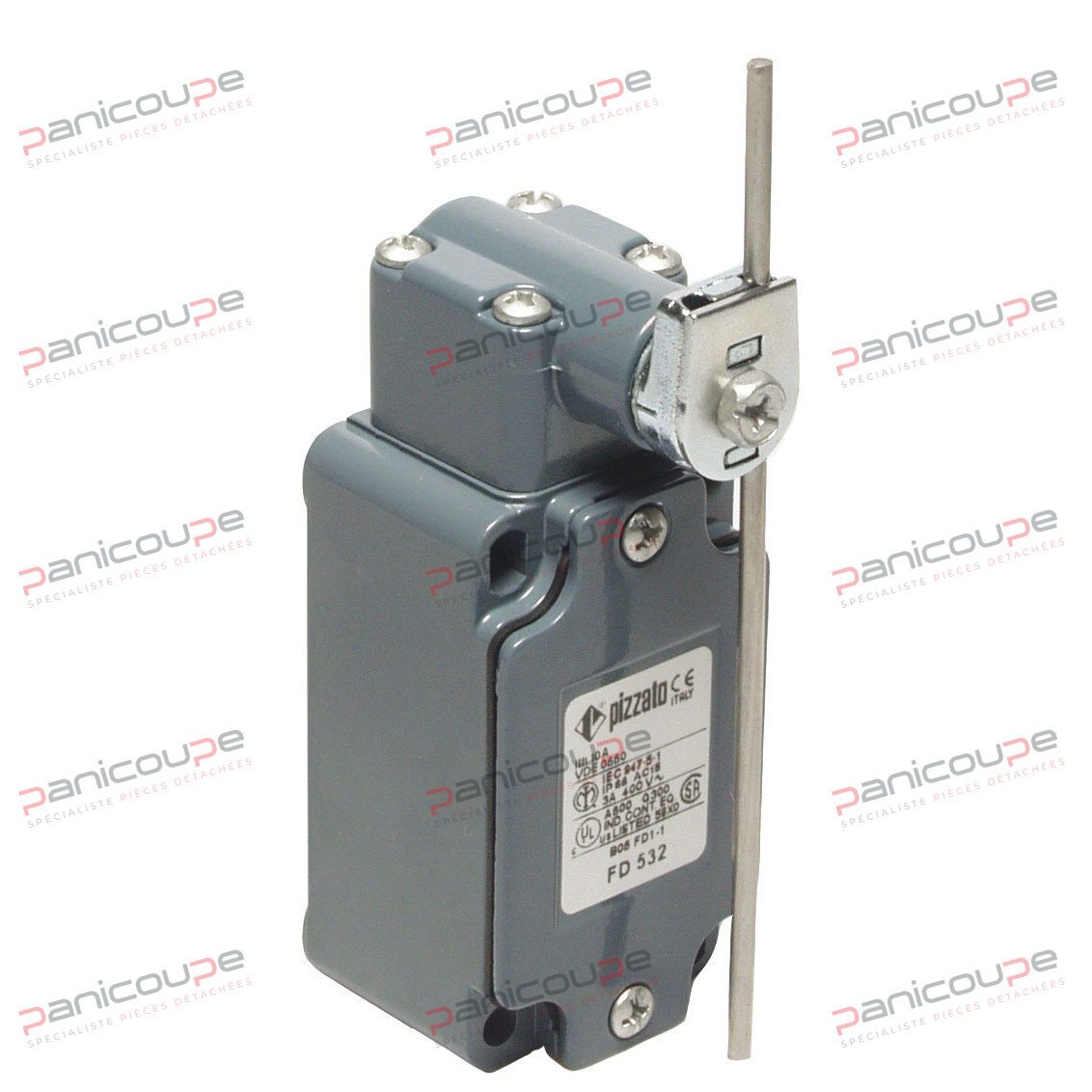 Metallgehäuse und -kopf mit einer Leitung. Kontakte: 1 Öffner + 1 Schließer (6 A/250 V AC). Schutzart IP67. Betriebstemperatur: -25 bis +80 °C. Kopf in 4 Richtungen drehbar. Gehäuseabmessungen: 40 x 74 mm. Montage: 4 Bohrungen, Lochabstand 30 x 60 mm. Verstellbares Stangenhebelmodell Produktbild