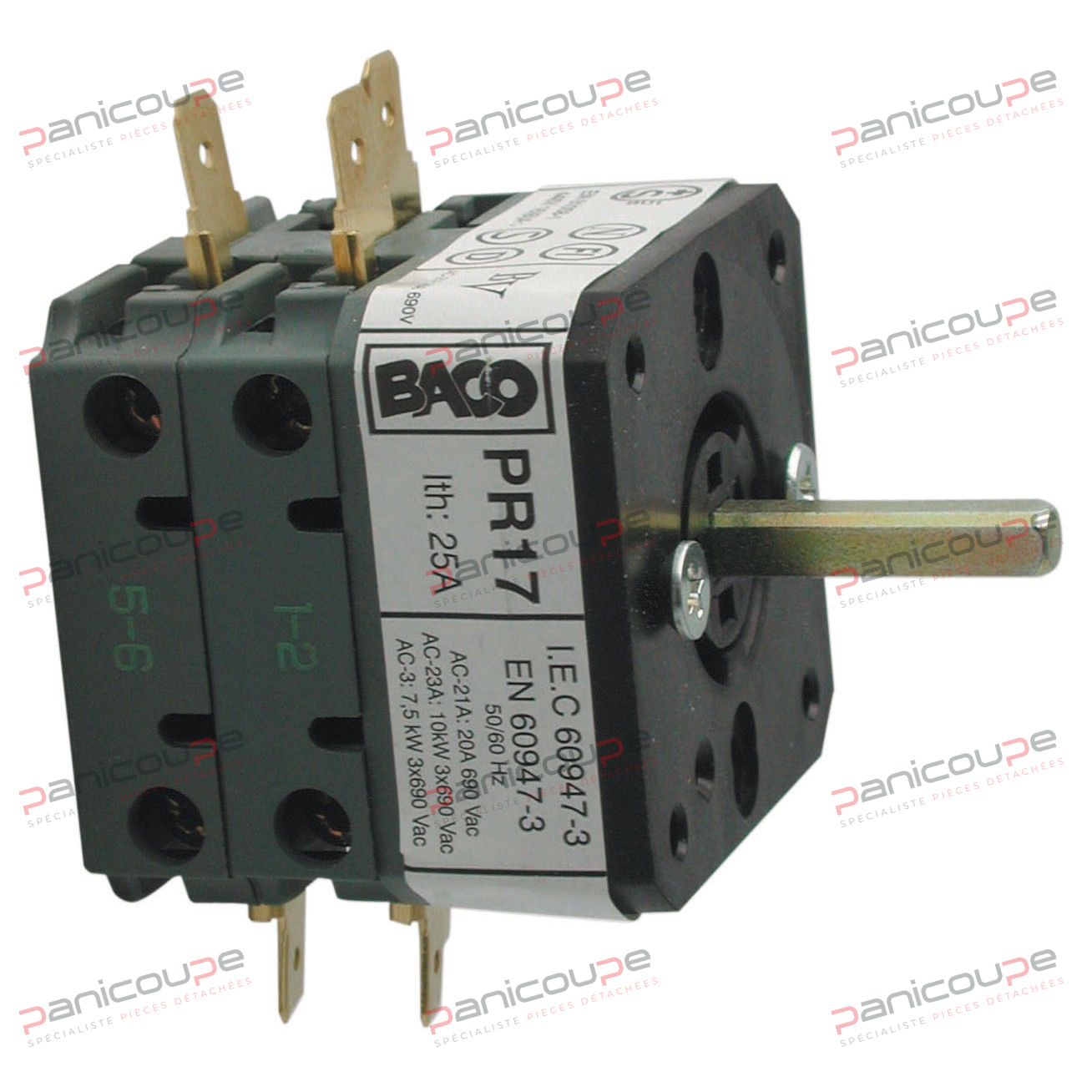 Anschluss über Faston-Klemmen oder Schraubklemmenblock (Faston-Klemmen können bei Bedarf durch Lösen der Schrauben entfernt werden). Gehäuse 48 x 50 x 45 mm. 5 mm Vierkantwelle. Länge 25 mm. BACO PR17/1103A4 Schalter Produktbild