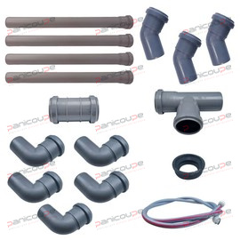 1 flexibler Zulaufschlauch, 13 3/4''-Innengewinde, 2500 mm lang<BR/><BR/>4 Muffenrohre, 50 mm Durchmesser, 500 mm lang<BR/><BR/>3 45°-Winkel mit Dichtung, 50 mm Durchmesser<BR/><BR/>1 Schiebemuffe, 50 mm Durchmesser<BR/><BR/>1 T-Stück, 50 mm Durchmesser<BR/><BR/>1 Dichtung für Ablaufgarnitur, 50 mm Durchmesser<BR/><BR/>5 90°-Winkel, 50 mm Durchmesser HT-EVAKUIERUNGSSET DURCHMESSER 50 2 MT Produktbild