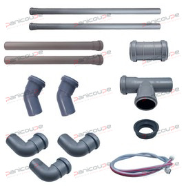 1 flexibler Zulaufschlauch, 13 3/4''-Innengewinde, 2500 mm lang<BR/><BR/>2 Hochtemperatur-Ablaufrohre (HT), 50 mm Durchmesser, 1000 mm lang<BR/><BR/>2 Hochtemperatur-Schlauchmuffen, 50 mm Durchmesser, 500 mm lang<BR/><BR/>2 Hochtemperatur-45°-Winkel mit 50-mm-Anschlüssen<BR/><BR/>1 Hochtemperatur-Gleitmuffe, 50 mm Durchmesser<BR/><BR/>1 Hochtemperatur-T-Stück, 50 mm Durchmesser<BR/><BR/>1 Hochtemperatur-Ablaufdichtung, 50 mm Durchmesser<BR/><BR/>3 Hochtemperatur-90°-Winkel, 50 mm Durchmesser HT-Entladungssatz, Durchmesser 50,3 MT Produktbild